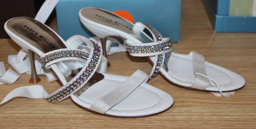 A pair of Karen Millen white silver heeled sandals with part diamonte ribbon ties (boxed) size 37